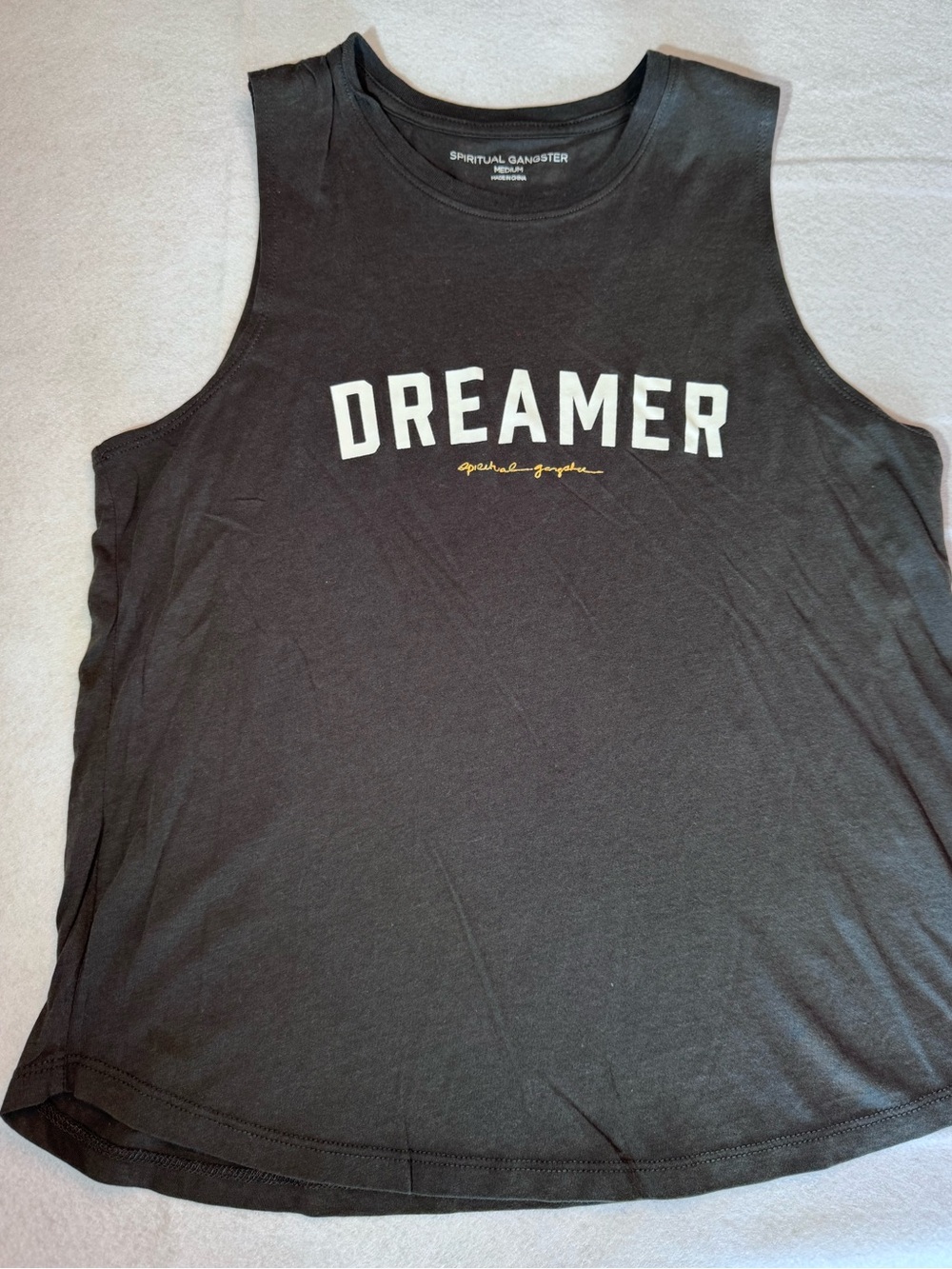 Spiritual Gangster Black 'Dreamer' Muscle Tank with White & Gold Lettering Woman